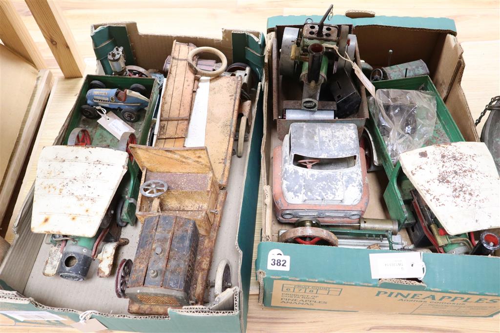 A collection of vintage tinplate/clockwork vehicles and stationery engines, including a Schuco Mercedes Racing Car 1050,